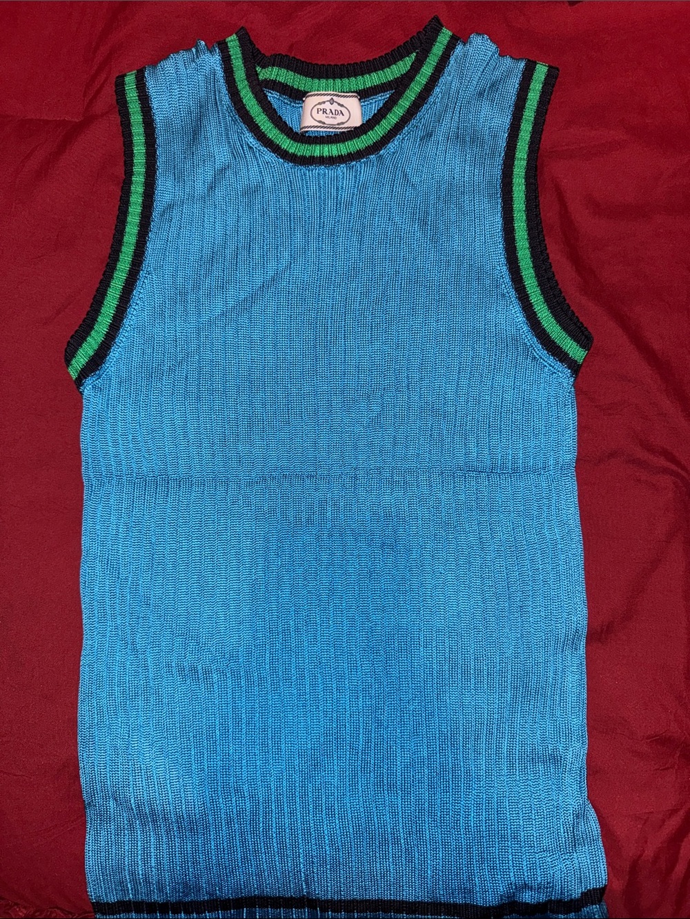Prada Turquoise Knit Sleeveless Top with Green & Black Trim